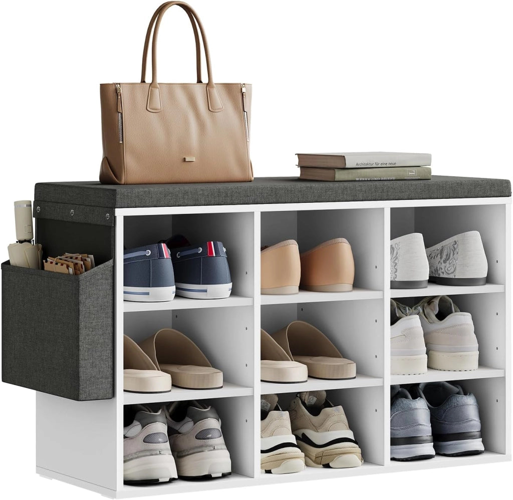 WOLTU Panca Scarpiera da Ingresso, Scaffale Porta Scarpe a 9 Scomparti con Seduta Imbottita, Mobile da Ingresso Salvaspazio in Legno, Bianco, 76,8x30x48,5 cm