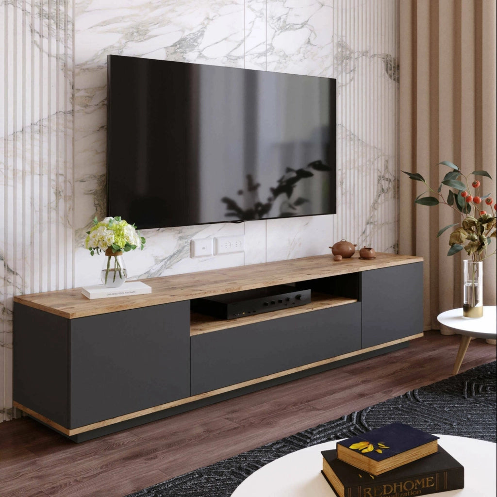 Mobile porta TV Asellina, Credenza da soggiorno, Armadio basso per TV, Base parete attrezzata, 180x45h45 cm, Quercia e Antracite
