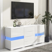 Credenza con LED controllati tramite app; 2 ante acriliche e 4 cassetti in MDF bianco