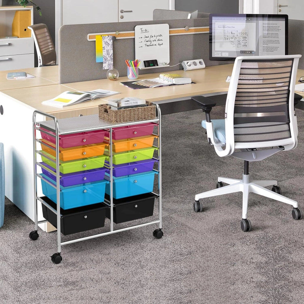Carrello con 12 Cassetti con Ruote, Carrello di Stoccaggio Multiuso con Ampio Spazio di Archiviazione, Ideale per Casa Ufficio Domestico, 73,5 x 37 x 63 cm (Colorato trasparente)