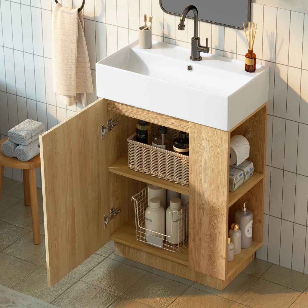 Mobile sottolavabo con lavabo in ceramica, 1 anta, ripiani aperti e porta carta igienica, per bagno, 55 × 32 × 87 cm