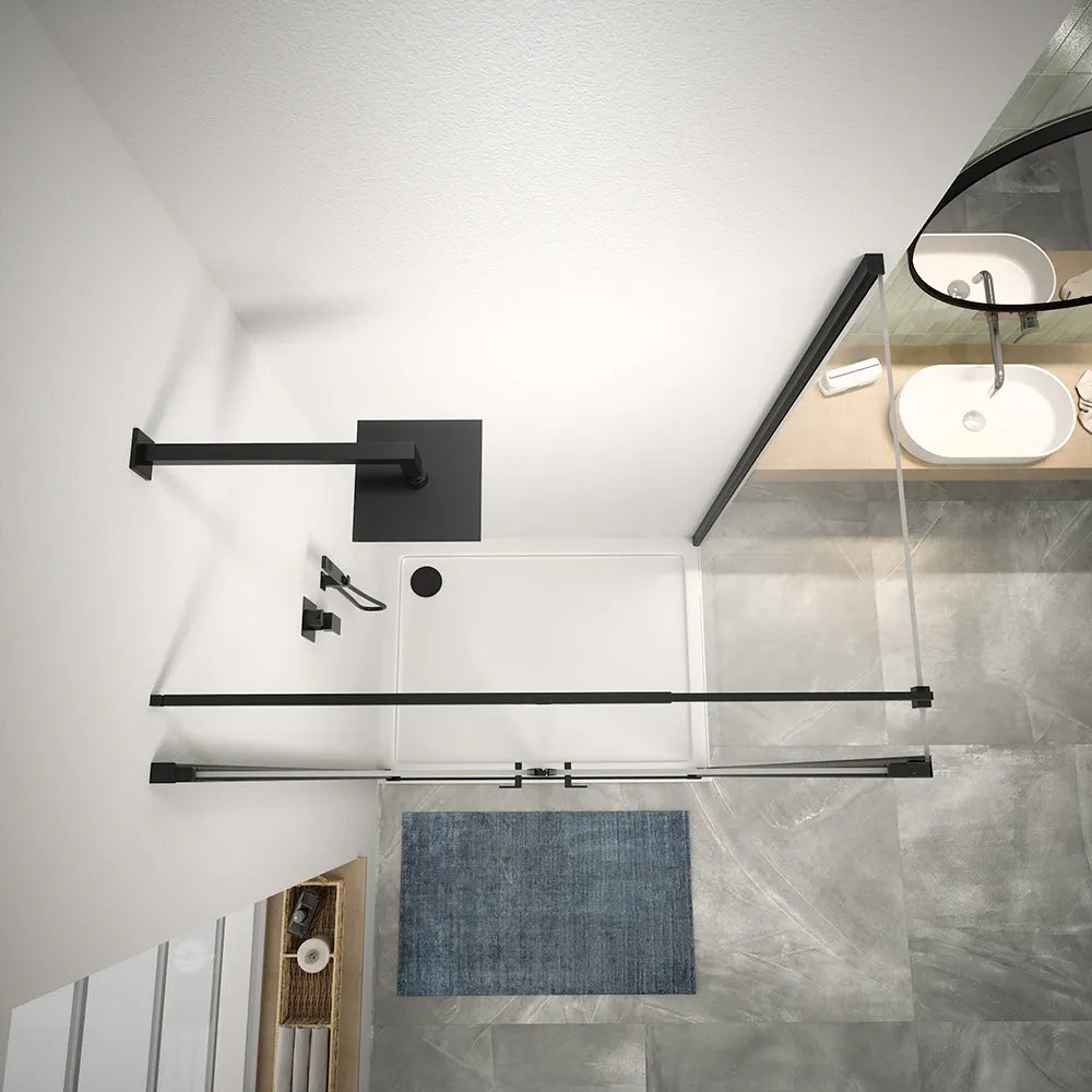Box doccia 110x80 cm porta saloon e parete fissa profili nero opaco e vetro da 8mm trasparente h195 | Fiji