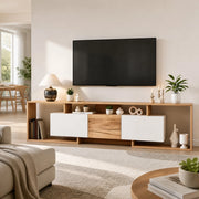 Mobile porta TV con 2 ante a ribalta, 1 anta e 3 vani aperti, per soggiorno, bianco e naturale 180 × 30 × 49 cm