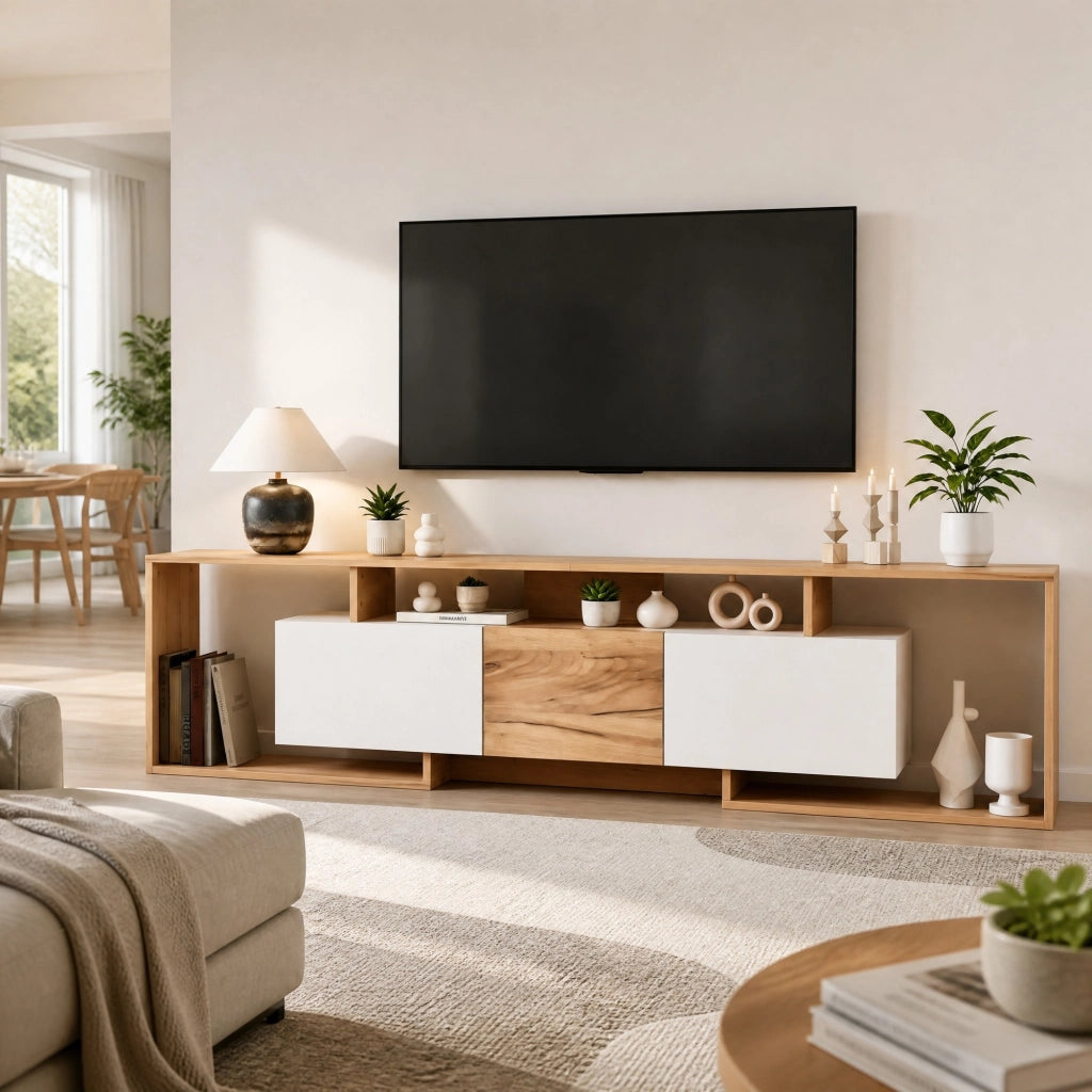 Mobile porta TV con 2 ante a ribalta, 1 anta e 3 vani aperti, per soggiorno, bianco e naturale 180 × 30 × 49 cm