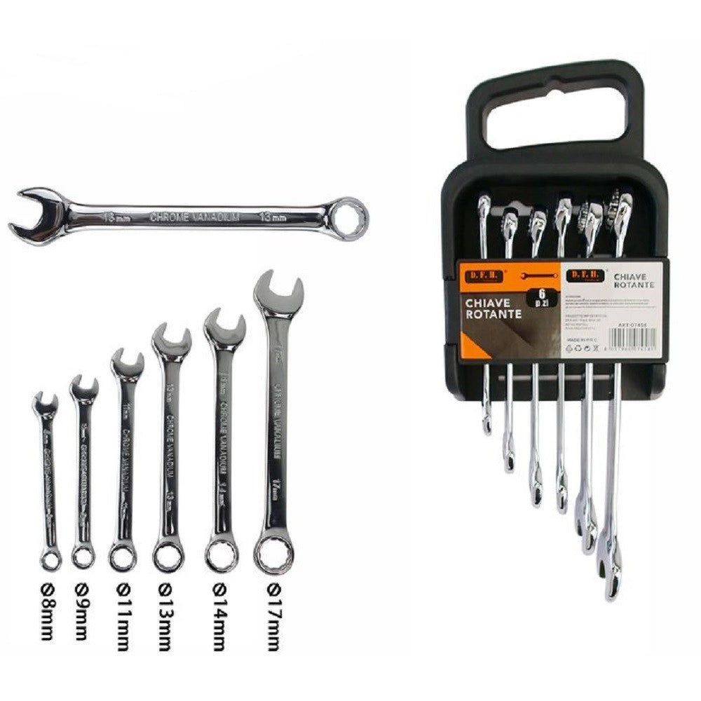 Trade Shop - Confezione 6 Pezzi Chiave Inglese Combinata Cricchetto Anello Varie Misure 07458 -
