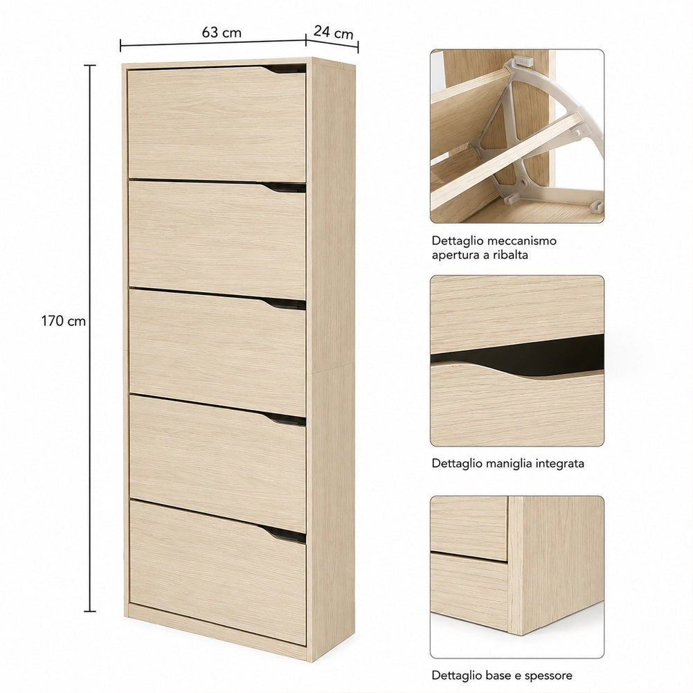 Scarpiera 5 Ripiani Olmo con Maniglia Scomparsa Scarpe Salvaspazio 63x24x170cm