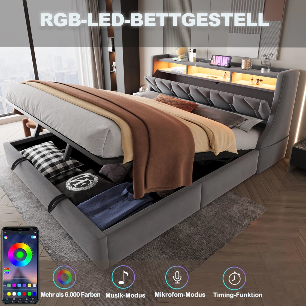 Letto matrimoniale con contenitore 180x200 cm in velluto grigio; testiera ribaltabile con LED e prese USB