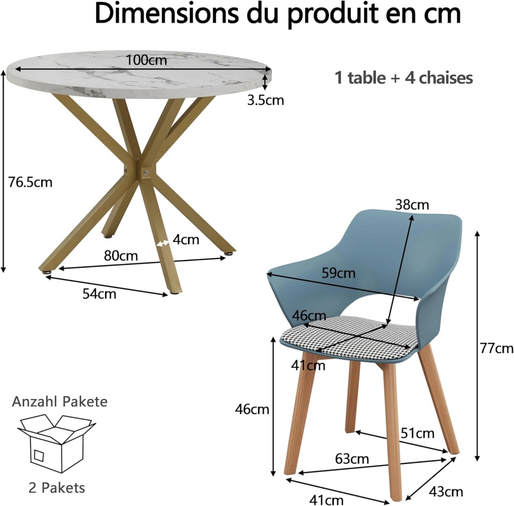 GrandCA HOME Set di Tavolo e Sedie da Pranzo, 100×100×76.5 CM Tavolo da Pranzo Rotondo, 4 Sedie da Cucina Imbottite in Colori Misti, per Sala da Pranzo, Cucina (Marmo-GD + WGPL)