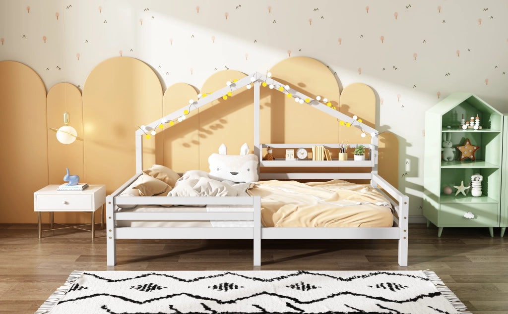 DESMIU Letto a Casetta per Bambini 1 Posto con Mensola e Barriera 90 × 200 cm, Senza Materasso, in Pino, Bianco