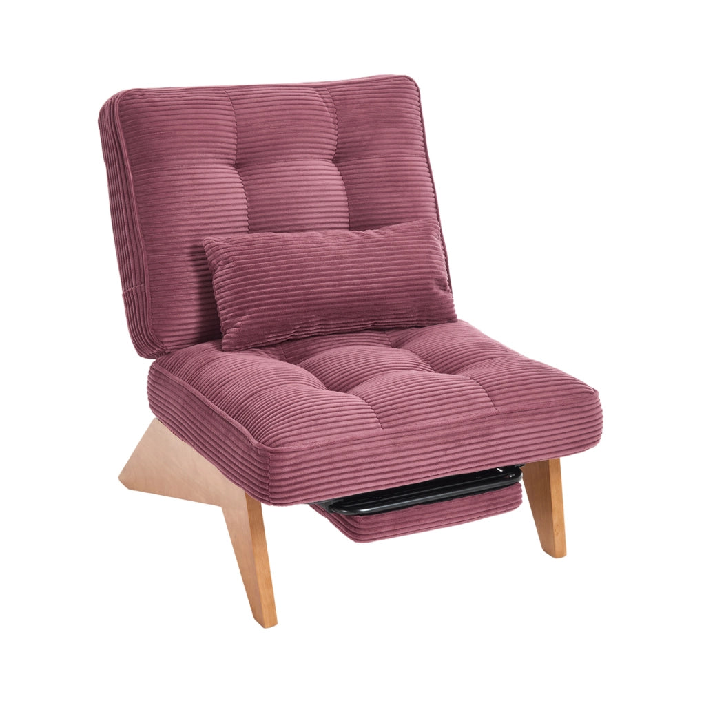 Poltrona lounge reclinabile in velluto a coste; con cuscino lombare; gambe in legno; bordeaux