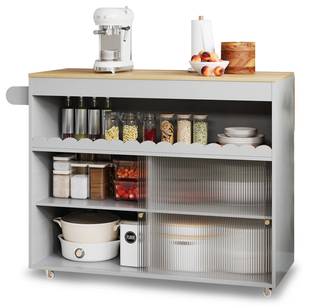 Carrello cucina 122x46(69)x91 cm con piano pieghevole e ante scorrevoli in vetro temperato; MDF grigio