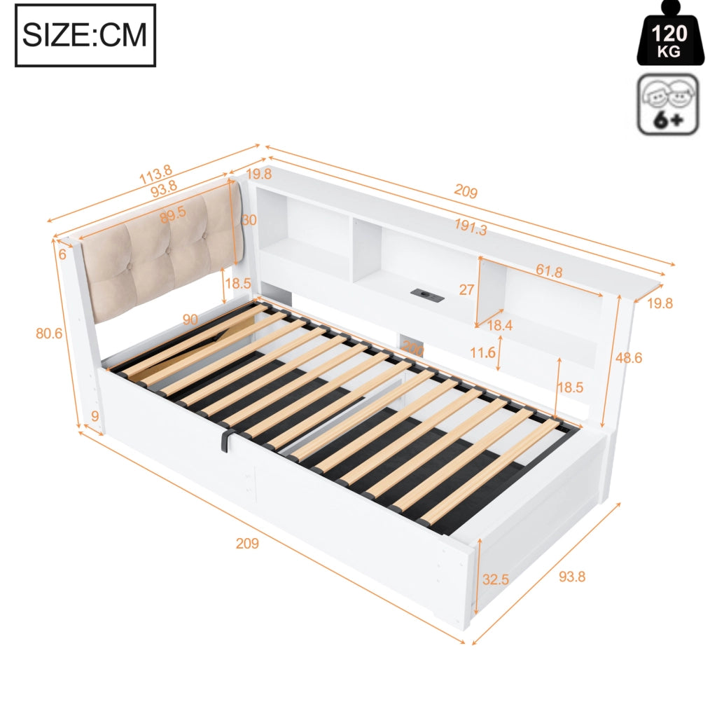Letto singolo 90x200 cm con contenitore laterale, LED e USB