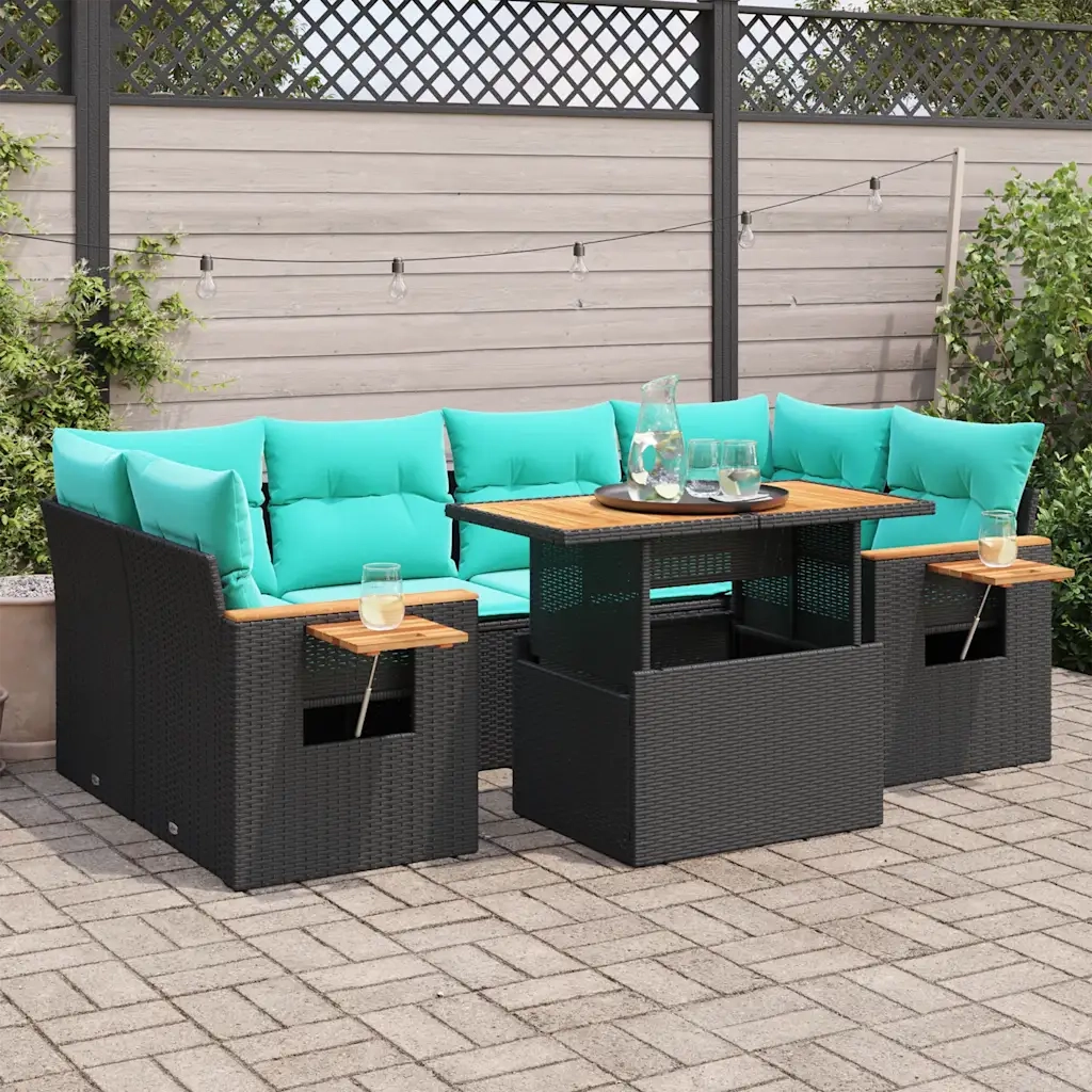 Set Divani da Giardino con Cuscini 7pz Nero Polyrattan