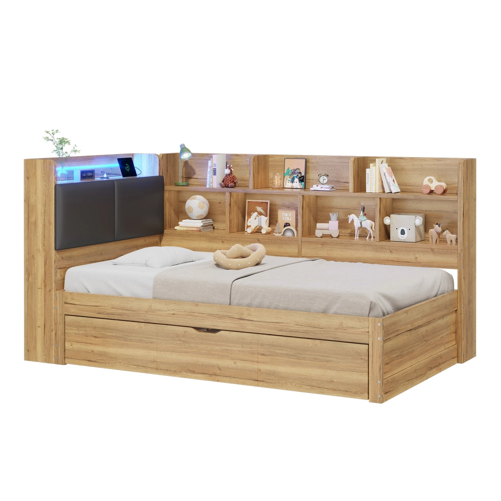 Letto Contenitore Singolo con LED e Letto Estraibile ¨C MINIMAL ¨C Legno Naturale 90x200