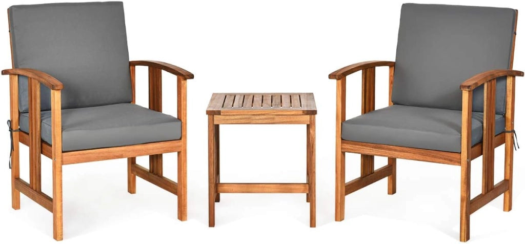 Set di Mobili da Giardino, Set da Giardino 3 Pezzi, Sedie e Tavolino da Esterno in Legno di Acacia, con Braccioli Curvi, Cuscino Morbido Rimovibile, per Balcone, Patio, Bordo Piscina