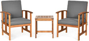 Set di Mobili da Giardino, Set da Giardino 3 Pezzi, Sedie e Tavolino da Esterno in Legno di Acacia, con Braccioli Curvi, Cuscino Morbido Rimovibile, per Balcone, Patio, Bordo Piscina