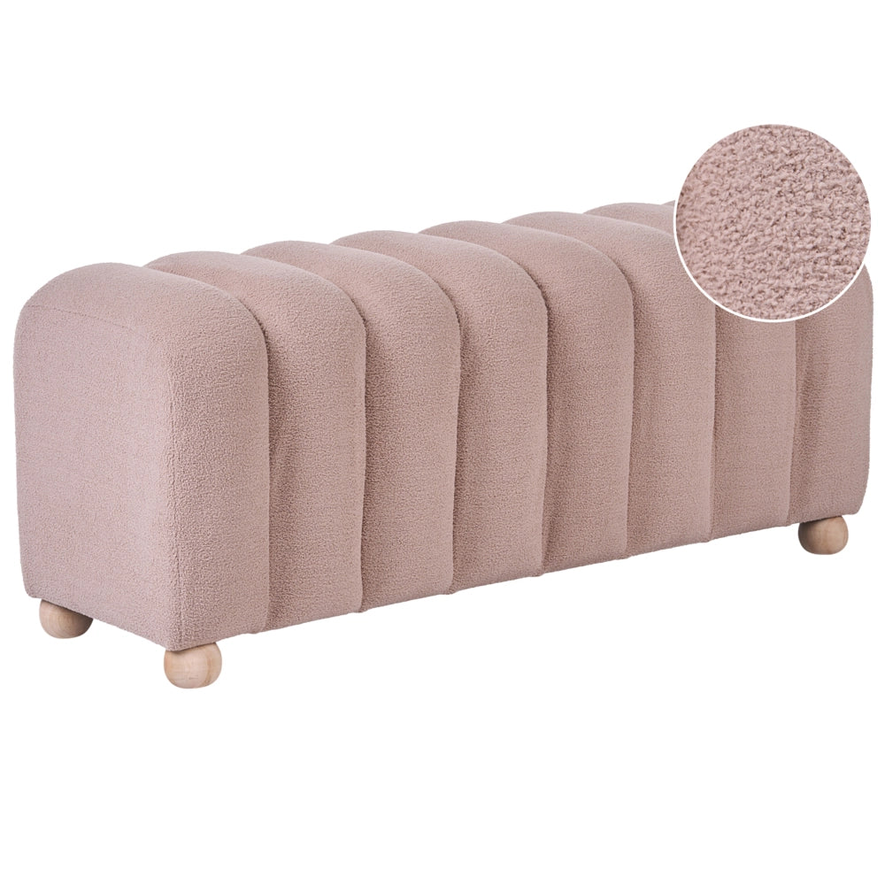 Pouf a coste con rivestimento in bouclé gambe in legno beige design moderno, accessori per il soggiorno