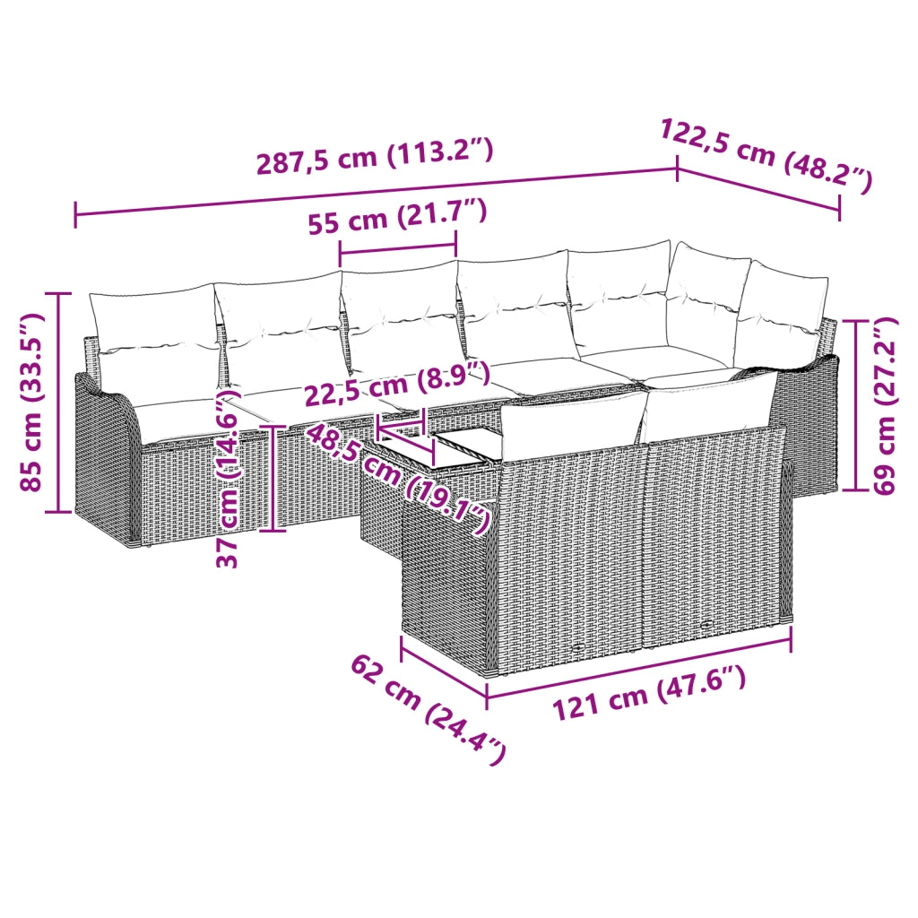 Set divano da giardino da 8 pezzi con cuscini in polyrattan marrone