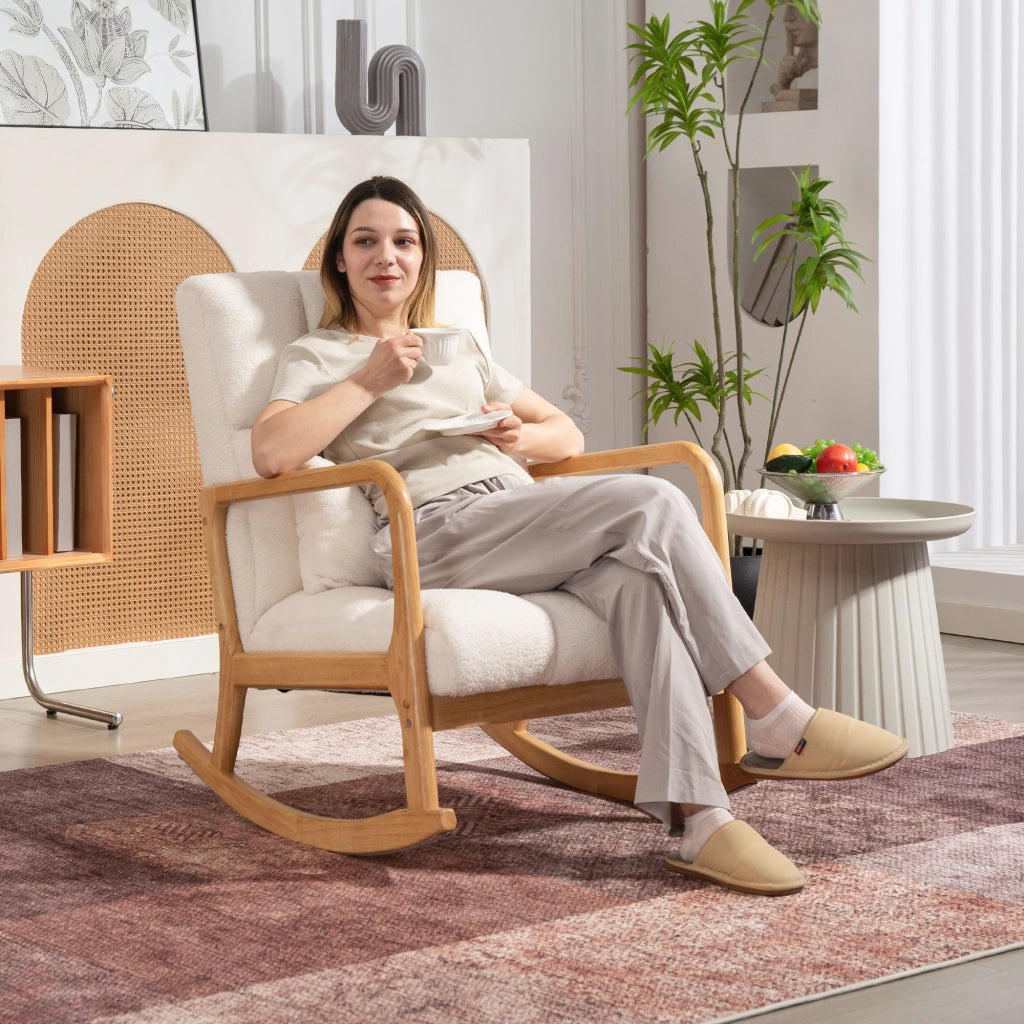 Poltrona a Dondolo 90°-130° 64,5x82x89 cm con Cuscino Lombare in Tessuto Sherpa Bianco
