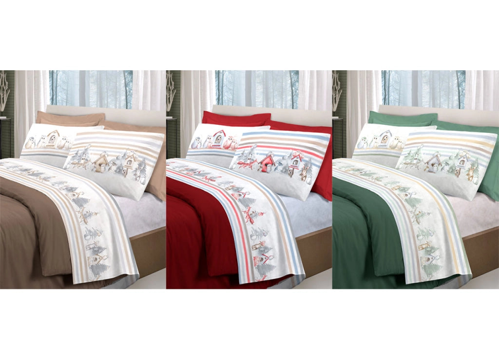 Completo Lenzuola Letto Pensieri Delicati 100% Cotone Disegno Gufi - Singolo - Beige