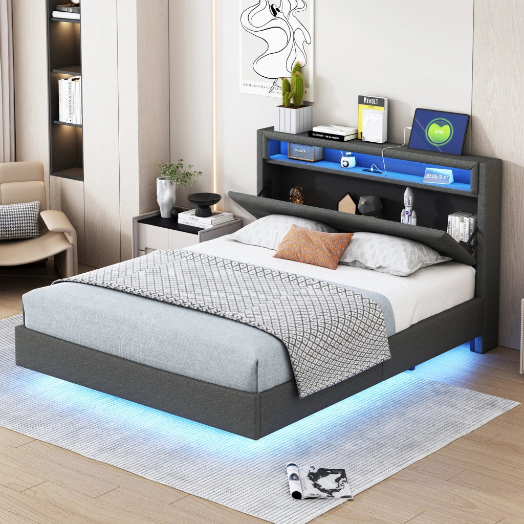 OKWISH Letto Matrimoniale 140×200 cm con USB, LED Regolabile e Testiera Reversibile, senza Materasso, in Tessuto Imbottito, Grigio
