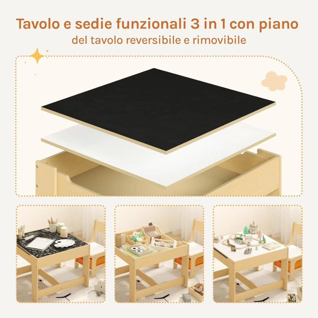 Set Mobili con Lavagna Contenitore Tavolo e Sedie per Bambini Soggiorno Tavolino con 2 Sgabelli in Legno