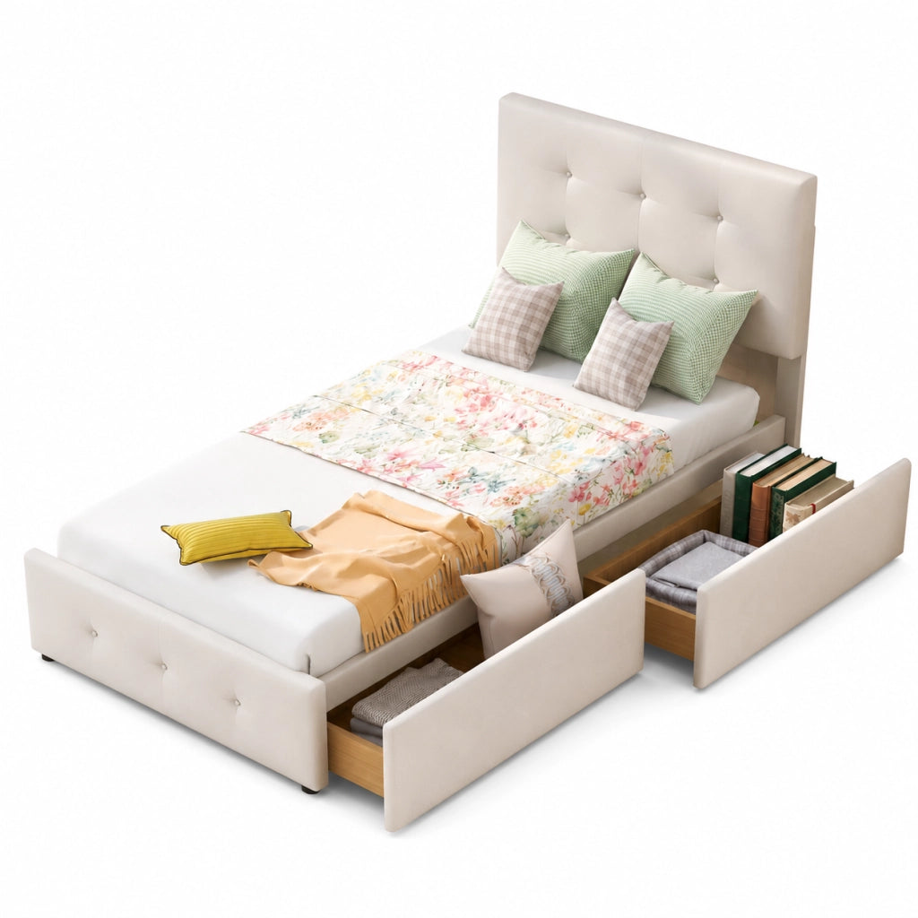 Letto imbottito 90x200 cm con cassetto; velluto beige (Senza materasso)