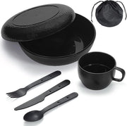 Kit da Campeggio Completo con Sacca, Tavolino, Bicchiere, Cucchiaio, Forchetta, Coltellino e Accessori in Plastica per Viaggi, Picnic, Esterno, Facile da Trasportare e da Pulire
