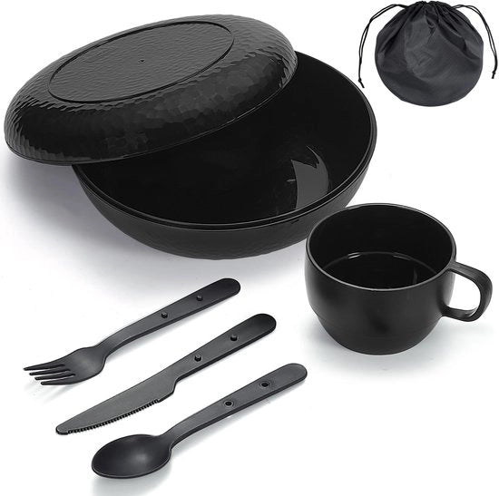 Kit da Campeggio Completo con Sacca, Tavolino, Bicchiere, Cucchiaio, Forchetta, Coltellino e Accessori in Plastica per Viaggi, Picnic, Esterno, Facile da Trasportare e da Pulire