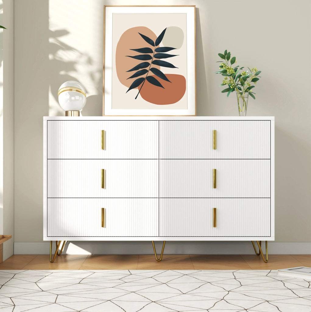 Credenza sideboard moderna 120 x 77 x 40 cm con 6 cassetti; bianco e oro in truciolare
