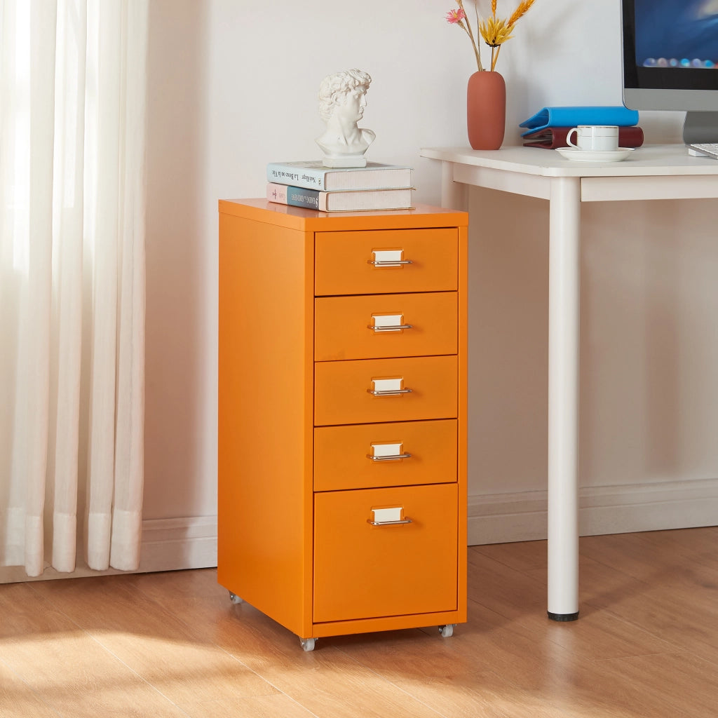 Cassettiera Kökar in Acciaio Mobile Archivio con 5 Cassetti e Rotelle - Arancione [en.casa]