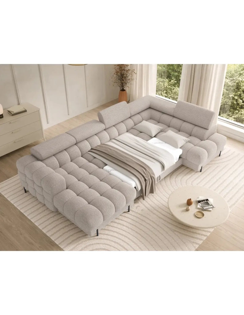 Divano panoramico convertibile Beige chiaro angolo destro FERARIA 358x93x202cm