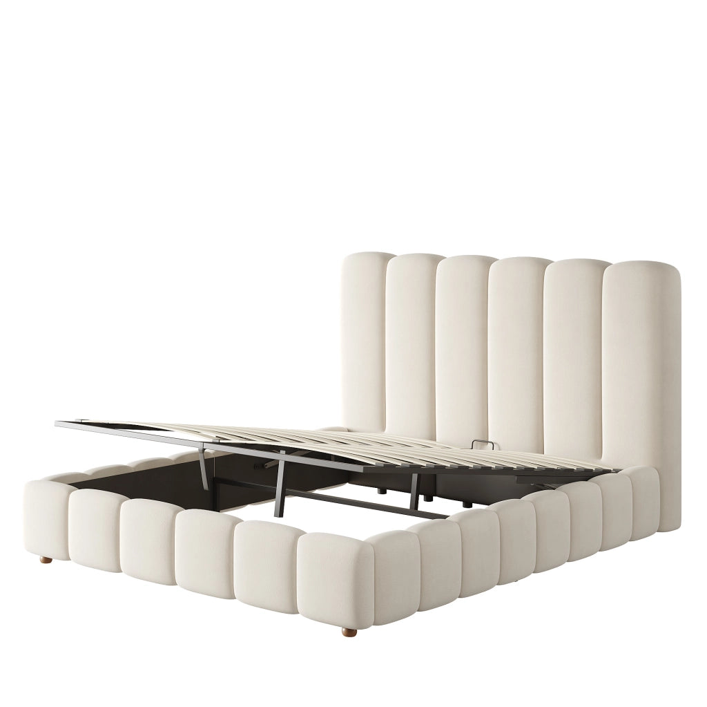 Letto matrimoniale imbottito con contenitore idraulico 140 x 190 cm in velluto beige