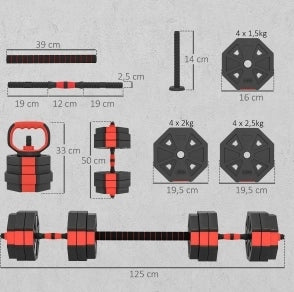 Set Pesi 4-in-1 Regolabile 25 kg per Allenamento a Casa con Manubri, Bilancieri e Kettlebell
