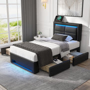 Letto imbottito 90x200 cm in PU nero con USB; LED e 4 cassetti