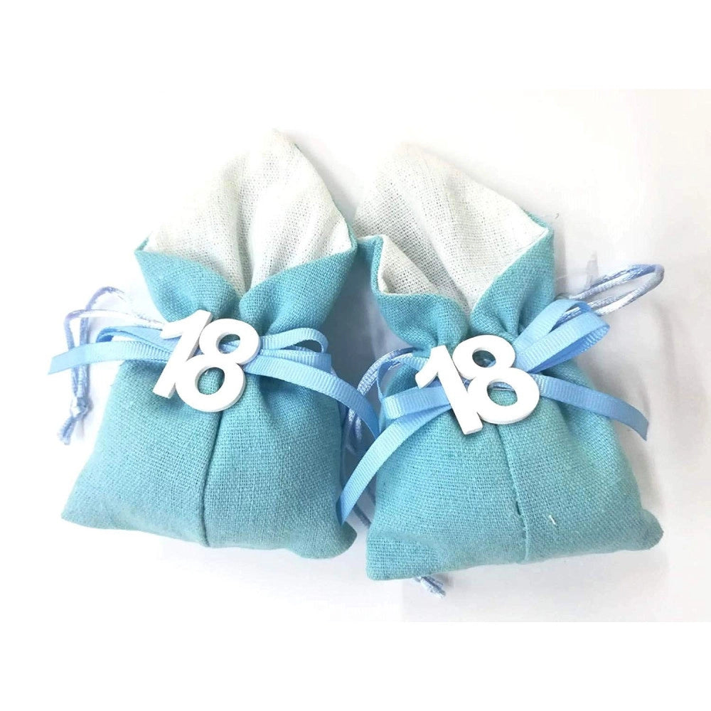 Trade Shop - Set 12pz Sacchetto Colorato Numero 18 Anni Juta 10x13cm Bomboniera Portaconfetti - Azzurro