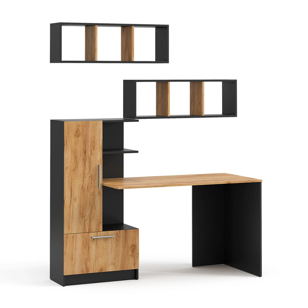 Set scrivania Tomy Antracite/Rovere dorato 150 x 59 cm Set di 3 come 2 ripiani + scrivania Vicco