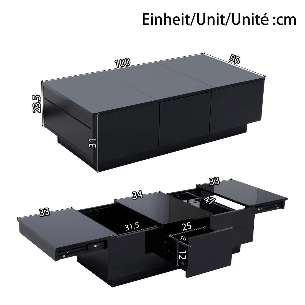 OKWISH Tavolino da Salotto Rettangolare con 2 Cassetti e Vani Scorrevoli, Finitura Lucida Parziale, 100 x 31 x 50 cm