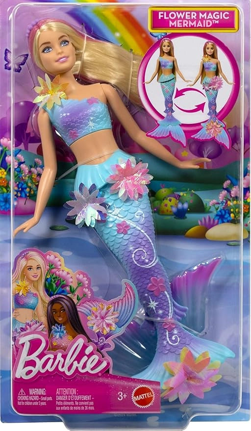 Barbie - Sirena Magia Floreale, bambola dai capelli biondi con coda sfumata e fascia con perle, magica sorpresa e fiori