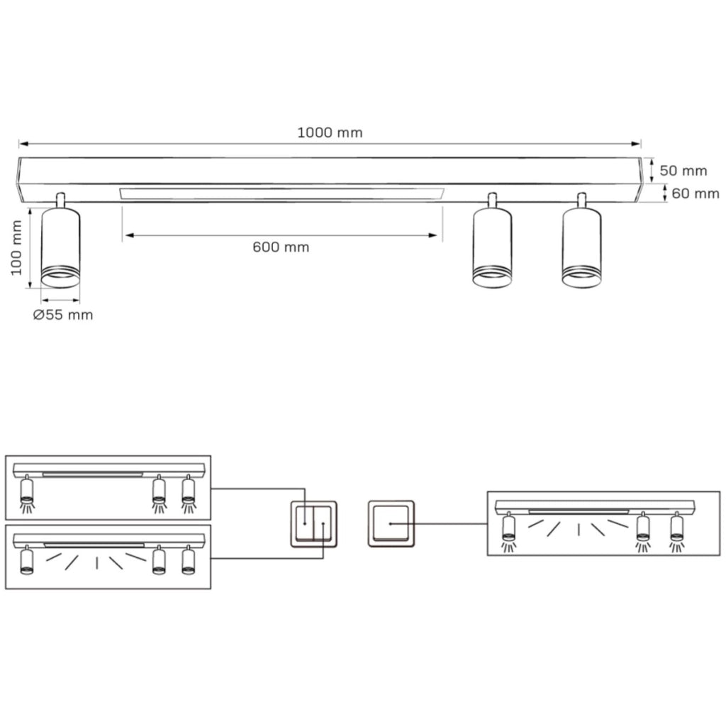 Faretto soffitto 4 luci nero su barra LED 24W Polux