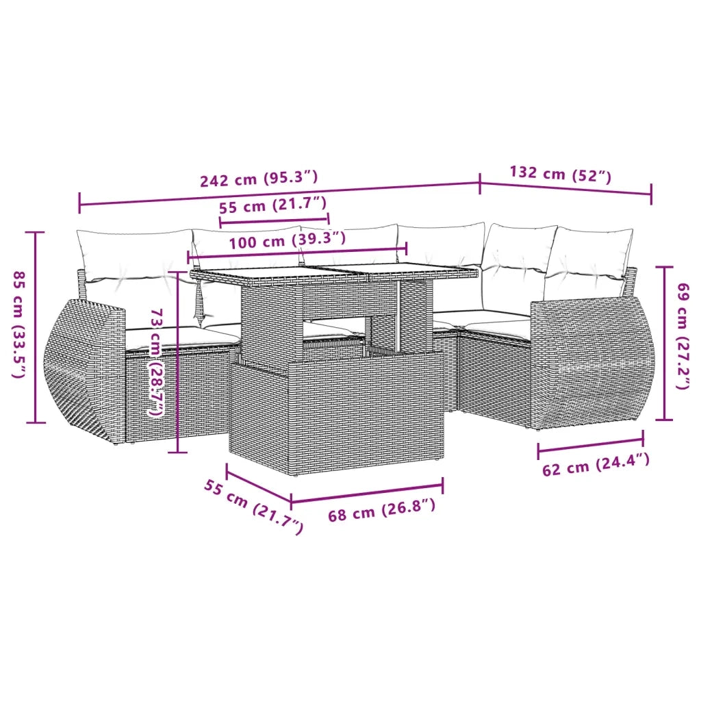 Set Divano da Giardino 6 pz con Cuscini Beige in Polyrattan