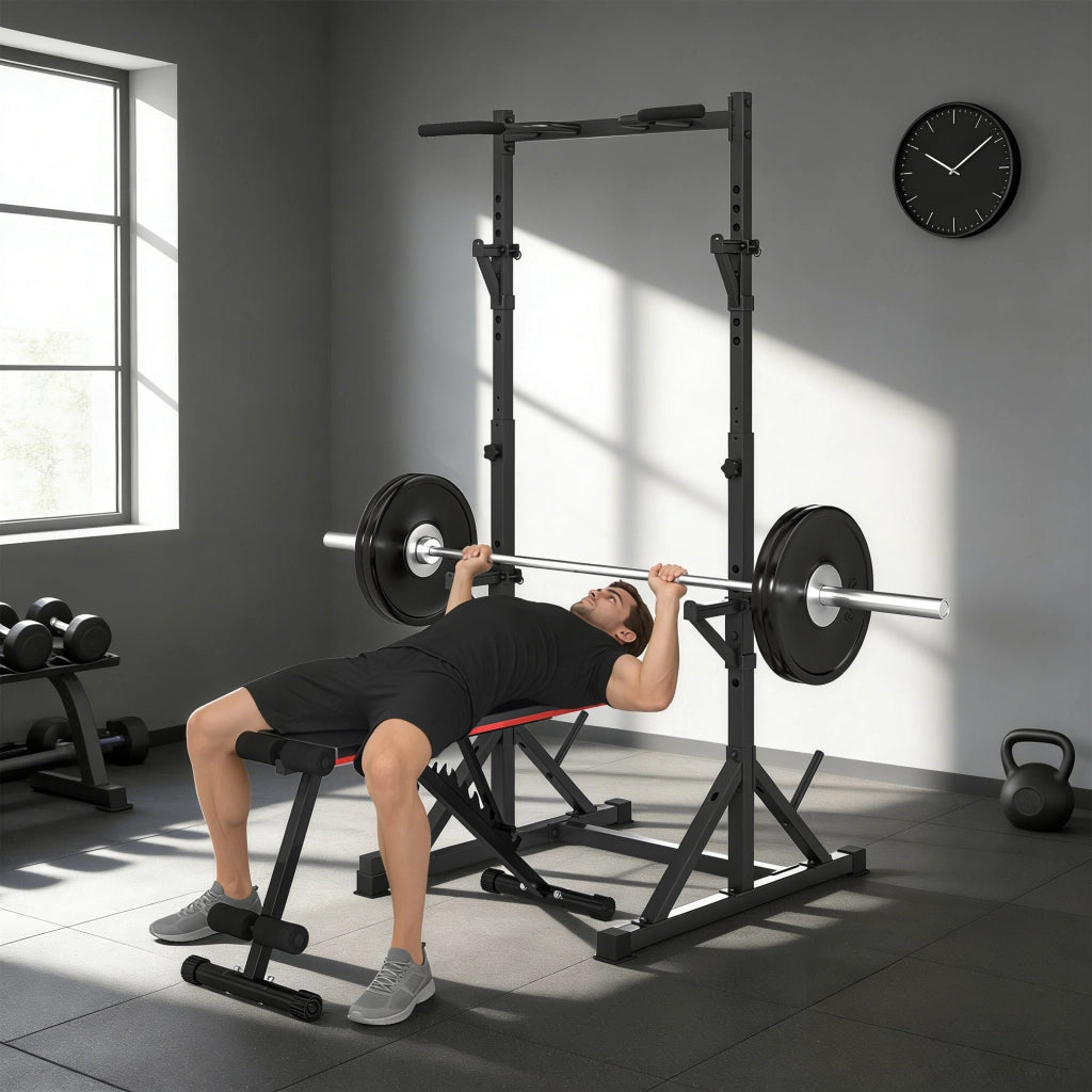 Stazione Multifunzione Squat Rack e Bilanciere 112x100x217 cm con Altezza Regolabile in Acciaio Nero