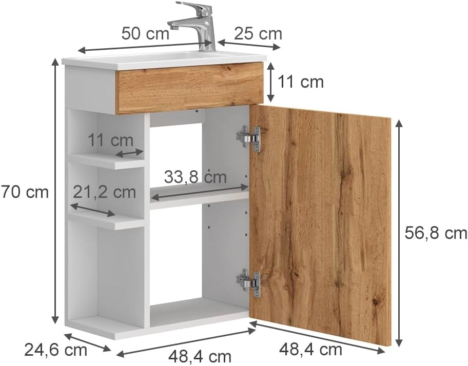 Set mobili bagno Amadeo, Quercia dorata, 50 cm, composto da mobile sottolavabo e lavabo