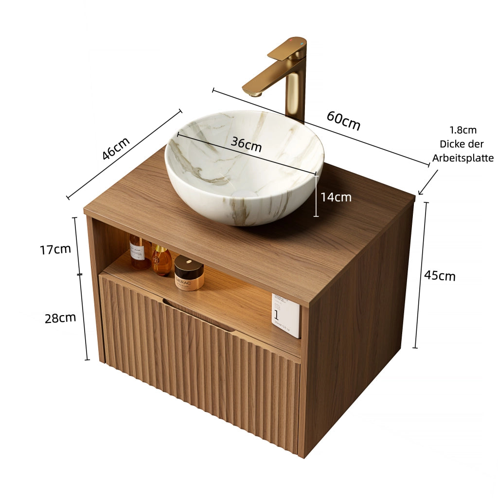 Mobile bagno con cassetto e vano aperto con lavabo in ceramica e luce LED con sensore per bagno 60×46×60.8 cm
