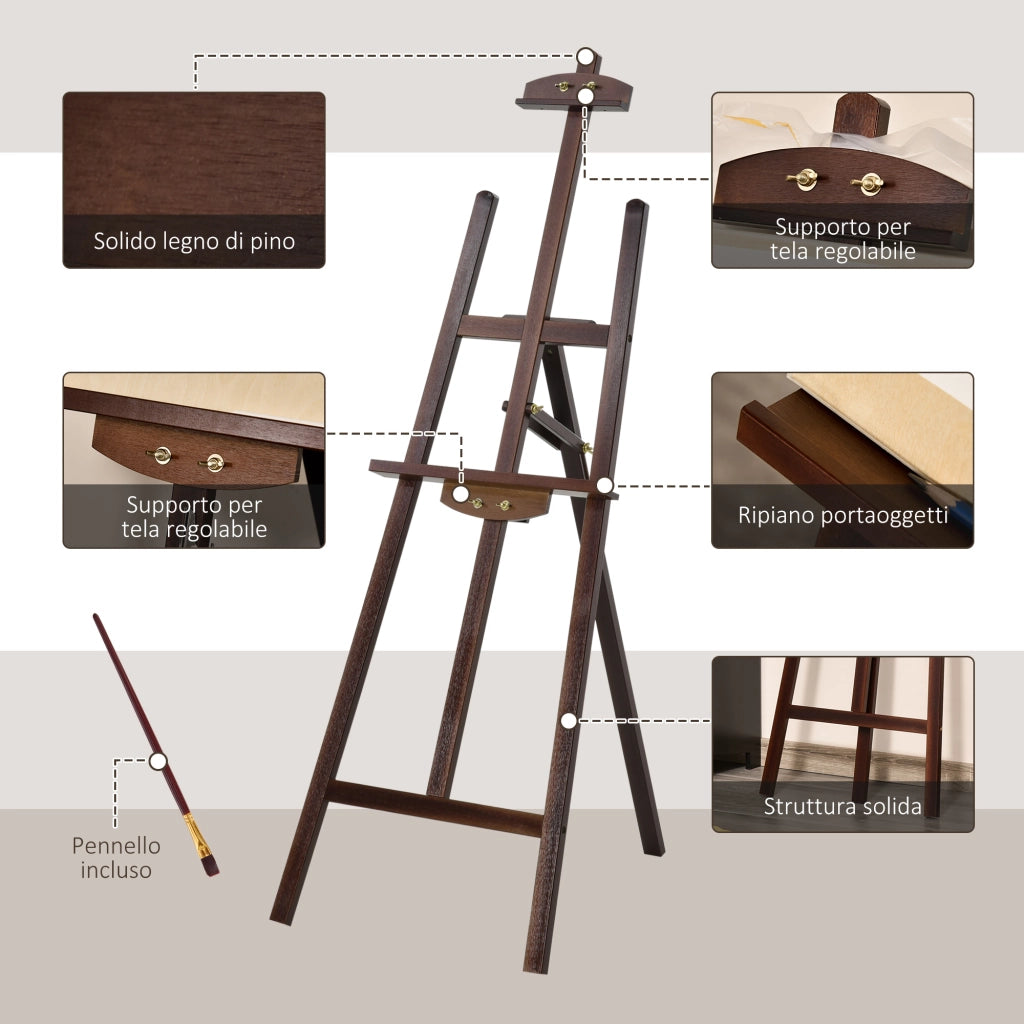 Easycomfort Cavalletto Pittura, 135 cm Cavalletto Treppiede per Dipingere su Tela, Cavalletto in Legno di Pino Regolabile, Portatile e Pieghevole con Pennello per Studio, Artisti e Pittori, Caffè