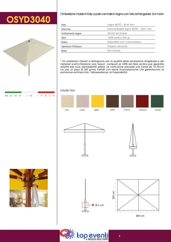 Ombrellone in legno Ecru palo centrale telo rettangolare Made in Italy - 300x400 - con balza - Ecru