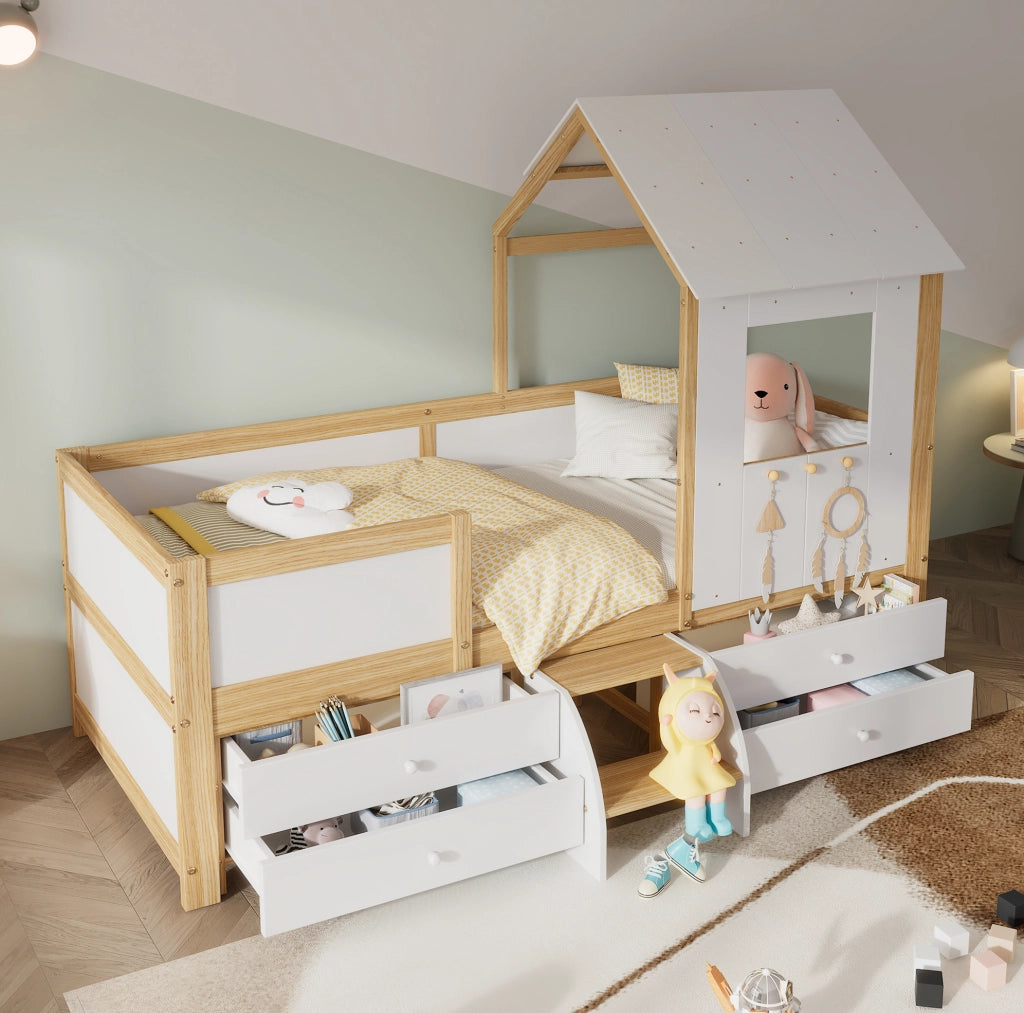 Letto a casetta semialto per bambini 90x200 cm bianco naturale