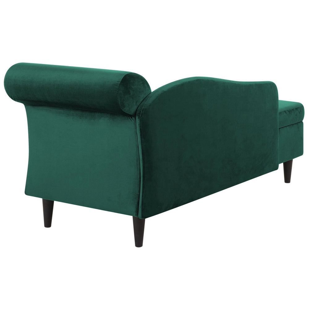 Chaise longue rivestimento in velluto verde con contenitore a versione destra con cuscino