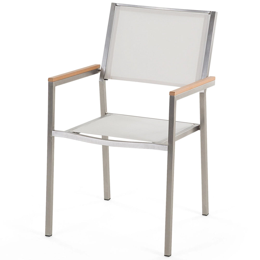 Set da pranzo da giardino con piano in legno di eucalipto chiaro e struttura in acciaio 180 x 90 cm con 6 sedie bianche