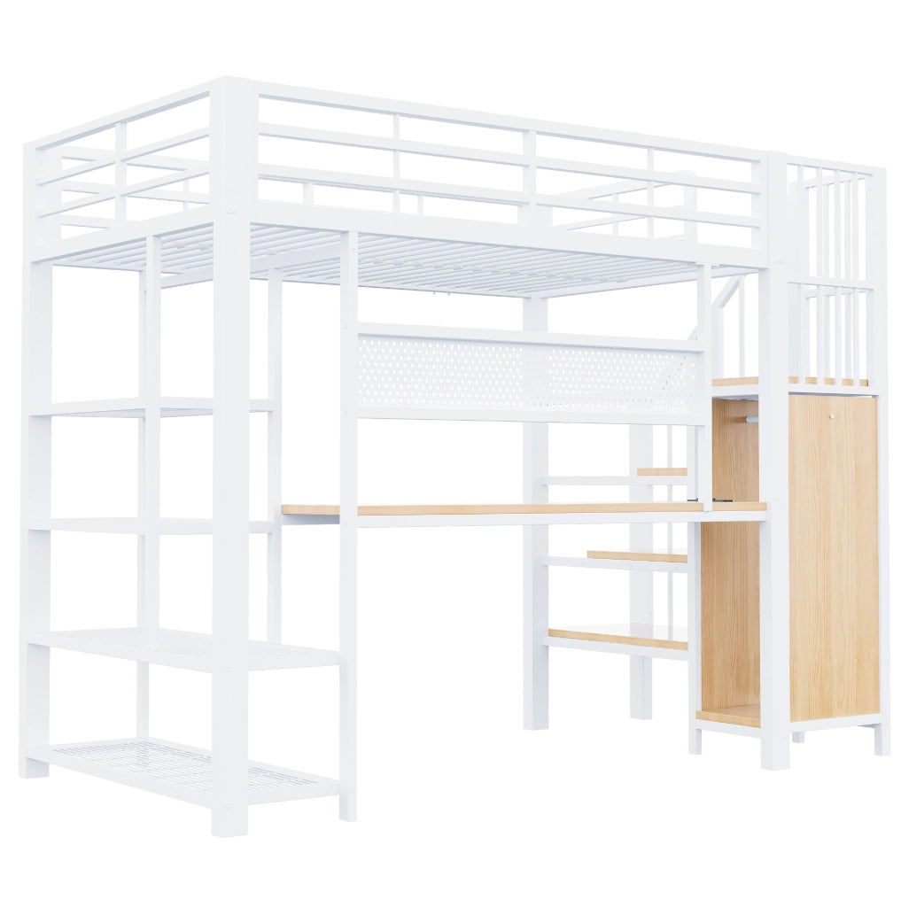 Letto a soppalco multifunzione 90x200 cm con scala contenitore; LED e prese; bianco